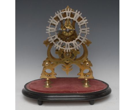 A Victorian brass skeleton timepiece, 16cm silvered chapter ring inscribed with Roman numerals, fusee movement with anchor es