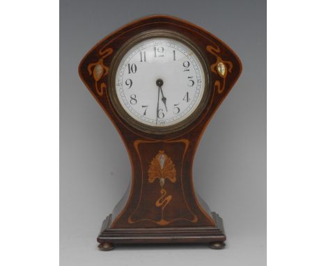 An Art Nouveau mahogany, satinwood and abalone marquetry balloon-shaped mantel timepiece, 8.5cm white enamel circular dial in