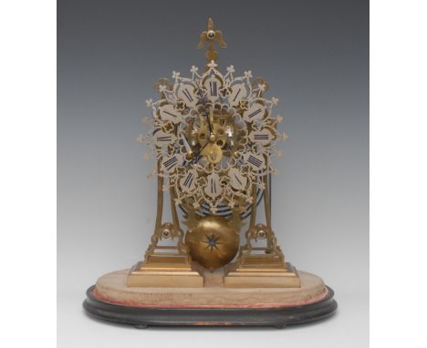 A Victorian Gothic Revival skeleton clock, 22.5cm silvered chapter ring pierced with tracery and inscribed with tracery, twin