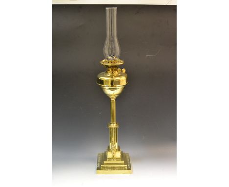 A late 19th century brass oil lamp, inscribed Cleopatras Needle, London 1878 AD, Erected by Thotmes III, globular well, flute