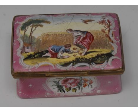 A Birmingham enamel rectangular snuff  box, the hinged cover decorated with boy and girl feeding chickens within white leafy 