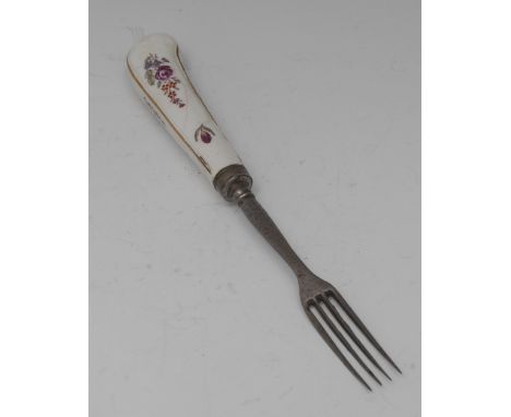 A Chelsea fork , the haft pained with Meissen type flowers, steel prongs, c.1765