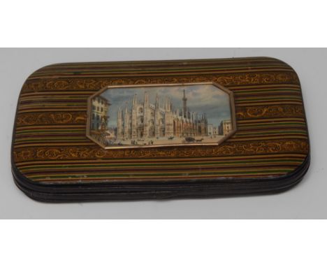 A 19th century Italian Grand Tour gentleman's papier-mâché rounded rectangular gentleman's cigar case, the cover applied with