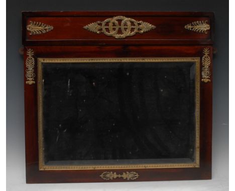 A 19th century Empire Revival gilt-metal mounted mahogany rectangular looking-glass, moulded frieze centred by interlocking l