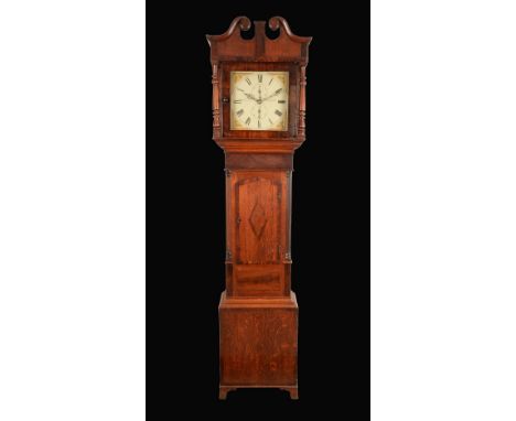 An early Victorian mahogany crossbanded oak  longcase clock, 29cm square  dial inscribed Leeds, West End, Sittingbourne, Roma