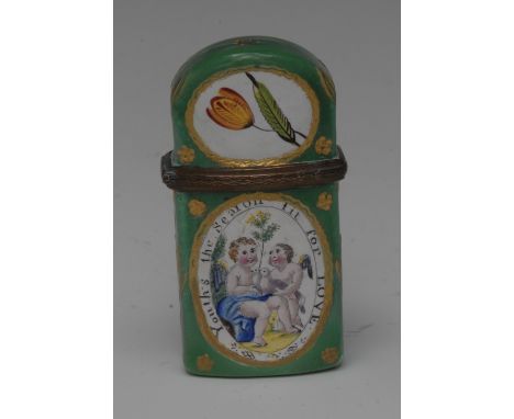 An early George III South Staffordshire green enamel rounded rectangular scent bottle etui, the front printed and picked out 