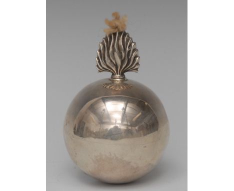 A George V silver novelty cigar lighter, as a flaming grenade, 10.5cm high, William Hutton & Sons Ltd, Birmingham 1918