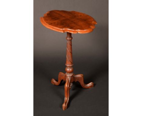 A Victorian mahogany tripod occasional table, quarter-veneered shaped oval top, spirally turned column, cabriole legs, turned