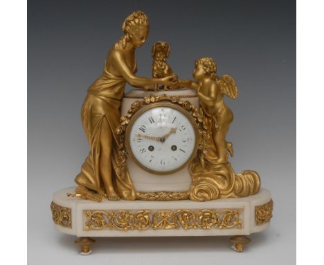 A Louis XVI Revival ormolu and marble mantel clock,11cm white enamel circular dial inscribed with Arabic numerals, eight-day 