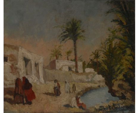 S*rksted** (Orientalist School, early 20th century)Desert Oasis indistinctly signed, oil on panel, 23cm x 26.5cm 