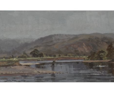 John Noole (Contemporary) Playing A Salmon, Below the Fir Tree Poolsigned, titled to verso, oil on board, 32cm x 50cm