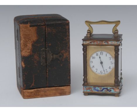 A 19th century French brass and champleve enamel miniature serpentine fronted  carriage clock, 3.5cm diam white dial, Arabic 