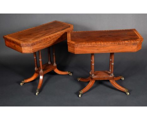 A pair of Regency canted rectangular mahogany card tables, crossbanded tops enclosing inset baize-lined playing surfaces, abo
