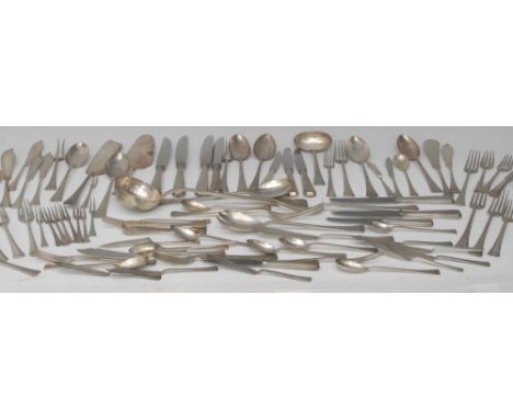 A Romanian Art Deco design silver part table service, comprising four table forks, four table knives, a fish slice, six table