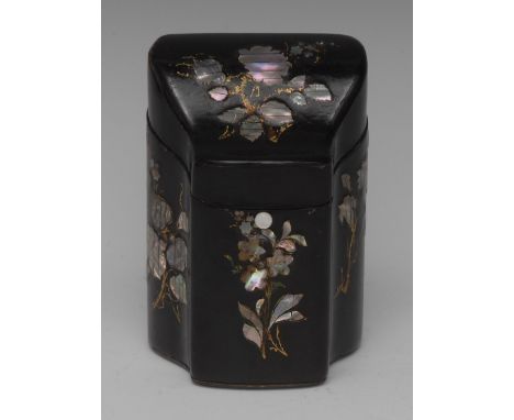 A Victorian papier-mâché and mother-of-pearl marquetry commode fronted lady's perfumer etui, the hinged moulded ogee cover en