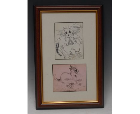 Louis Wain (1860-1939)A Cat Holding a Lobster, by the Coastsigned, pen and ink, 14cm x 11cm; another, Dog Coming, titled, pen