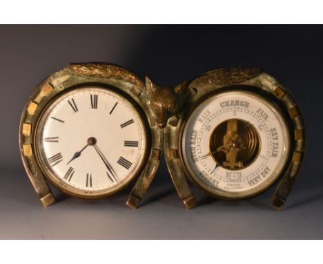 Hunting - a late 19th century combination timepiece and aneroid barometer, each 8.5cm circular dial within a horseshoe, crest