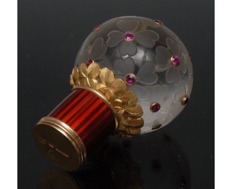 A late 19th Century Faberge jewelled and gold coloured metal mounted carved and frost glass enamel cane handle by Faberge wor