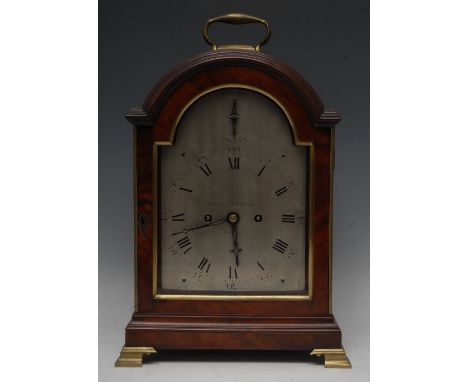 A George III mahogany bracket clock, 17cm arched silvered dial inscribed Allam & Caithness, London, Roman and subsidiary Arab