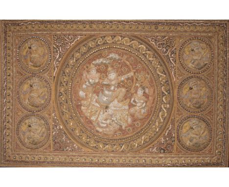 A large Siamese embroidered panel, depicting traditional dancers and archers, embellished with sequins, stones, etc. 95cm x 1