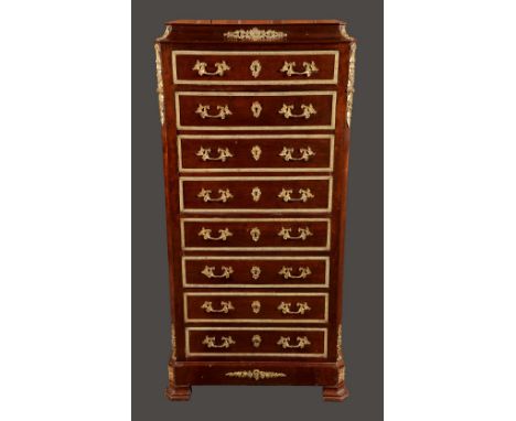 A 19th century Continental gilt metal-mounted mahogany secrétaire à abattant, concave moulded top above a frieze drawer and f