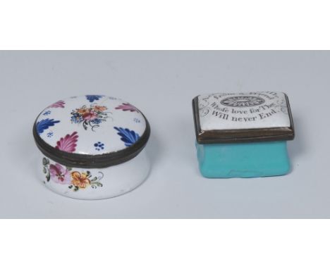 A George III South Staffordshire enamel waisted circular snuff box, hinged cover painted with flowers and stiff leaves, on an