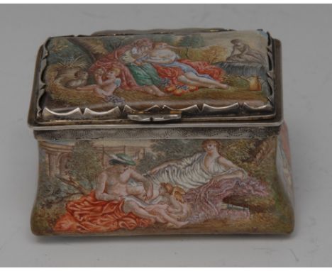 An 18th century Viennese enamel bombe shaped snuff box, painted overall in polychrome with scenes from Antiquity, hinged cove