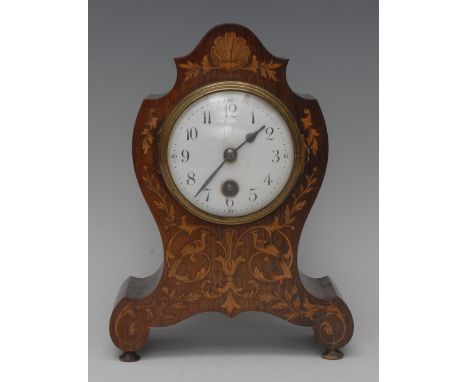 An Edwardian rosewood and satinwood marquetry mantel timepiece, 8cm white enamel circular dial inscribed with Arabic numerals