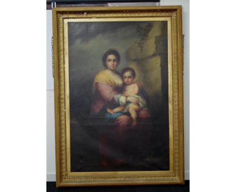 Large mid 19th century oil on canvas portrait depicting mother and child, 170cm x 113cm, unsigned, wax seal verso, in ornate 