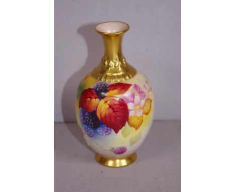 Royal Worcester handpainted vase signed K.Blake, decorated with blackberries and leaves, height 11cm approx