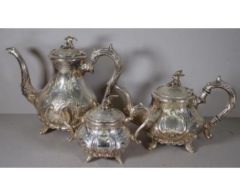 Victorian silver plated tea & coffee service by James Dixon, Sheffield, comprising of tea pot, coffee pot and lidded sugar bo