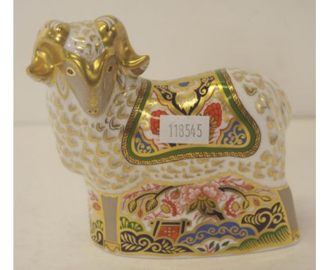 Royal Crown Derby "Imari Ram" paperweight with gold button seal to base, height 10.5cm approx