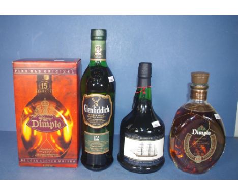 Three various bottles Scotch whisky including Dimple 750mls, and 1 litre; together with bottle Glenfiddich single malt, 700 m