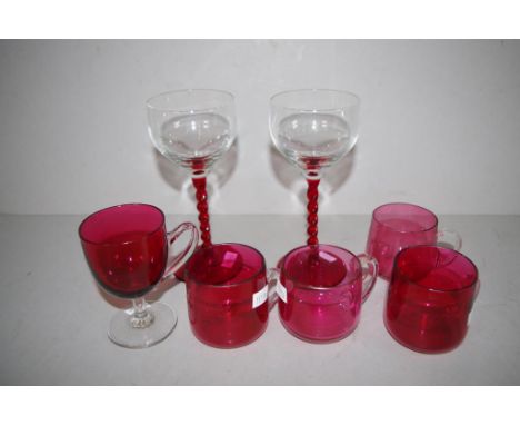 Five various Victorian ruby glass custard cups two custard cups are etched ' lancewille' , one small chip to rim, together wi