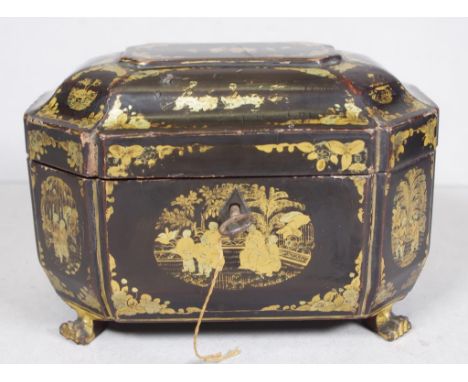 Regency Chinoiserie caddy with gold paint depicting Chinese scenes, on paw feet and with diamond shaped escutcheon. c1810, 19