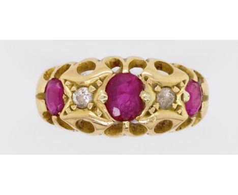 Antique gold diamond and ruby ring marked Birmingham 1916 EN&Co. missing the finesse mark due to resizing. Weight approx 2.7g