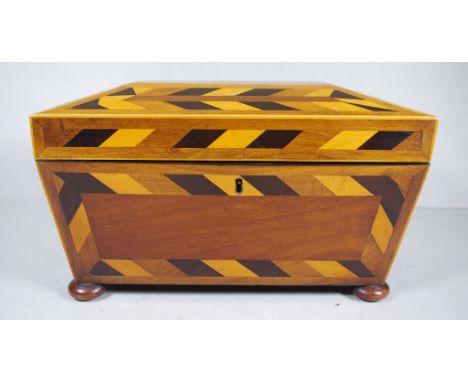 Large Regency parquetry caddy of many woods, including ebony, satinwood, maple, fruitwood, mahogany, and burr yew. Sarcophagu