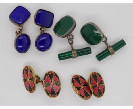 A collection of malachite and lapis set cufflinks both marked  925 as well as an enamel pair