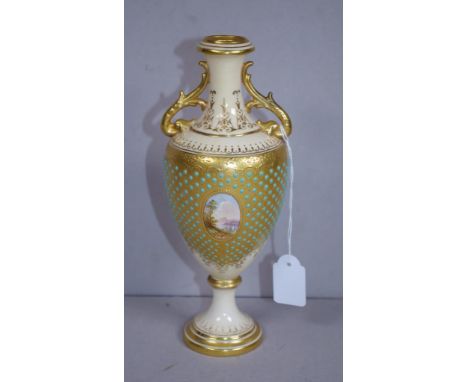 Antique Coalport porcelain vase applied enamel decoration, with hand painted scene in cartouche, on cream ground, dual handle