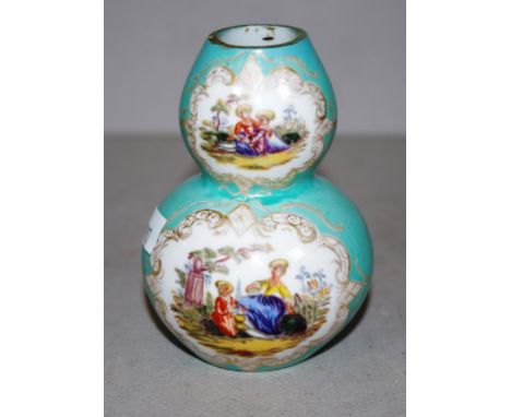 Vintage Meissen posy vase hand painted garden scenes in cartouche, on green ground. Marked to base. (As inspected). Height 10