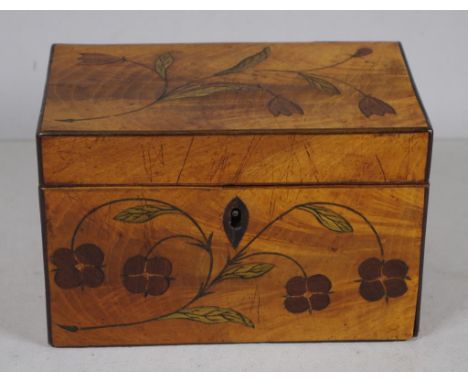 Georgian marquetry inlaid flame mahogany caddy with ebony escutcheon and twin lidded interior, c1810, 18cm x 11cm, 12cm high