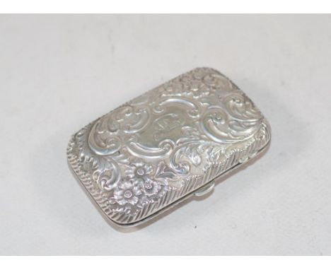 Vintage silver lady's purse embossed decoration, monogrammed, leather lined interior. Width 9cm approx Weight 64grams approx.