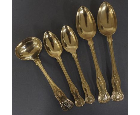 Five various Kings pattern plated cutlery items including 2 dessert spoons, and 2 tablespoons, and sauce ladle.