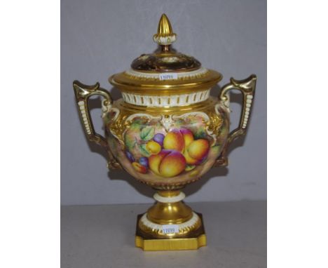 Royal Worcester twin handle signed lidded urn with handpainted fruit and gilt decoration, signed Telford, height 28.5cm appro