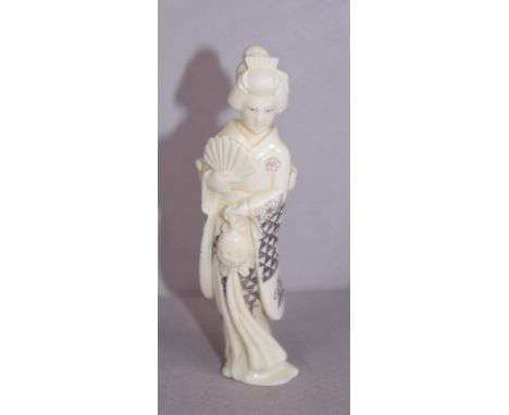 Antique Japanese ivory netsuke -Geisha girl C1920, 7.5cm high approx. May not be exported without CITES documentation.