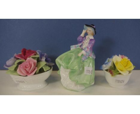 Small Royal Doulton top of the hill figurine HN2126, together with 2 Coalport floral ornaments, height 10cm approx