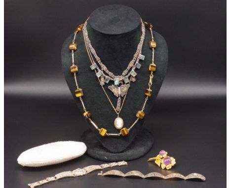 A collection of ladies vintage jewellery To include an oriental silver niello butterfly necklace, cameo pendant, tigers eye n