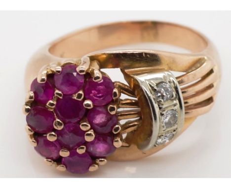 Ruby, diamond set 14ct rose and white gold ring in a figural bouquet of flowers form. Marked 14k approx 9x round brilliant cu