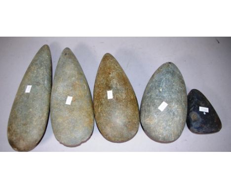 Five various Papua New Guinea stone axe heads collected from the Mount Hagen area during the 1970s 1980s. Length 32cm approx 