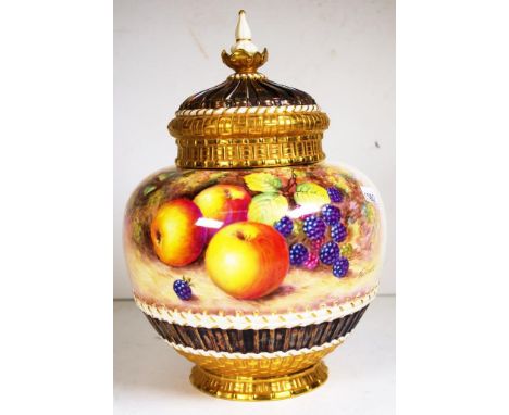 Large Royal Worcester signed Freeman pot pouri jar handpainted with blackberries, apples and leaves,and pieced porcelain lid,